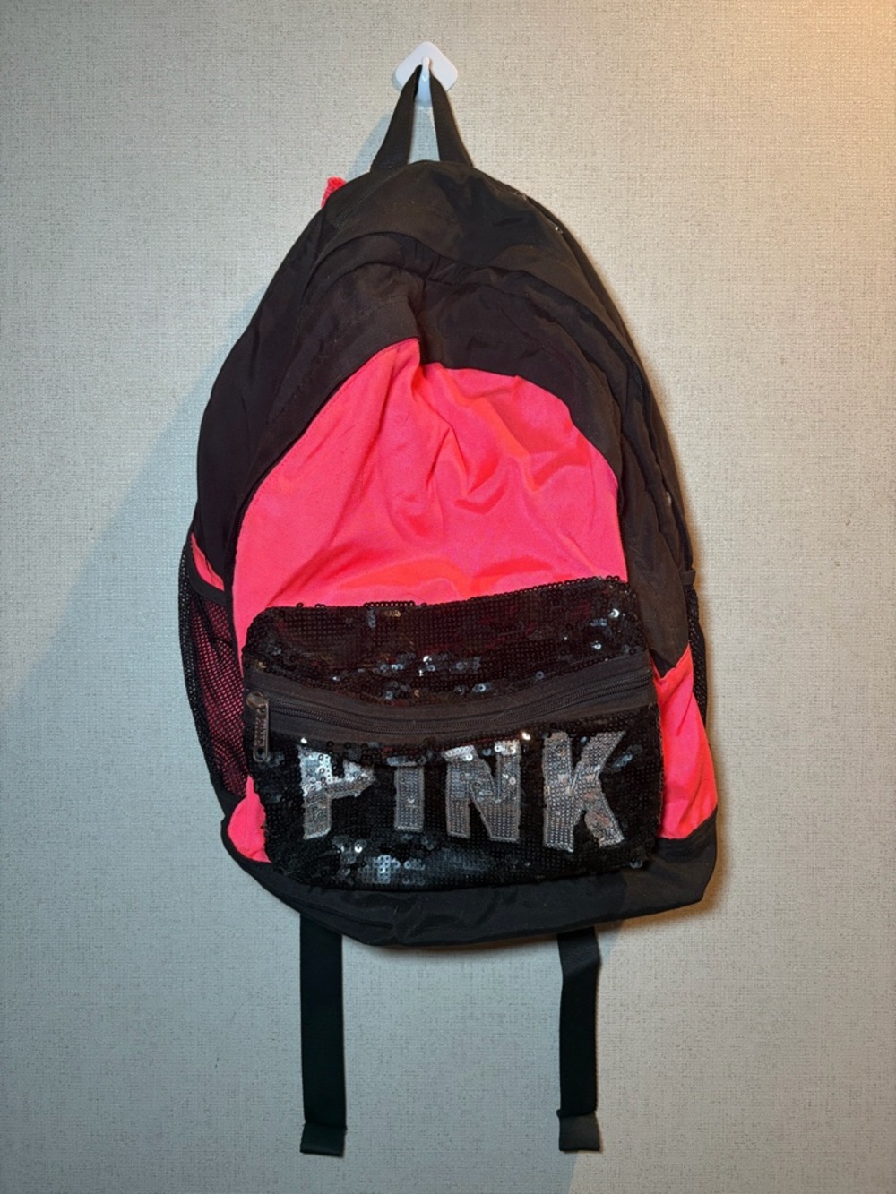 Y2K PINK Victoria's Secret Black & Hot Pink Sequin Logo Backpack